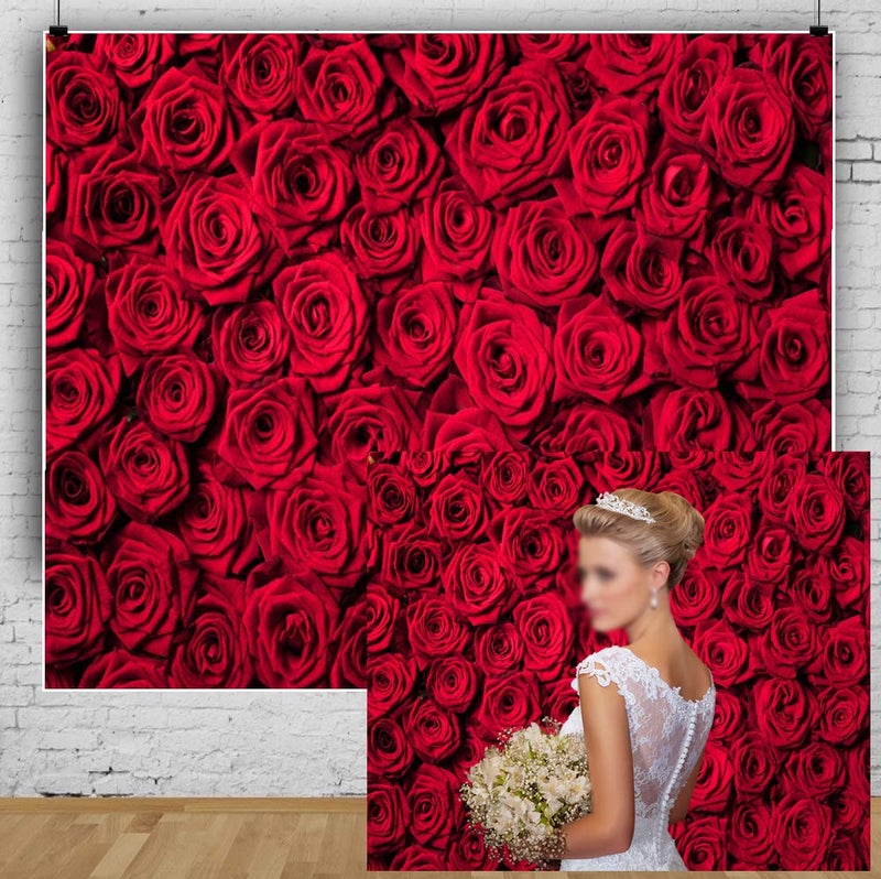 Laeacco 10x8ft Red Rose Backdrop Flowers Rose Wall Background Valentines Day Backdrop Wedding Photo Booth Girls Birthday Decoration Bridal Shower Party Banner Lovers Portraits Video Props Wallpaper - Image 1